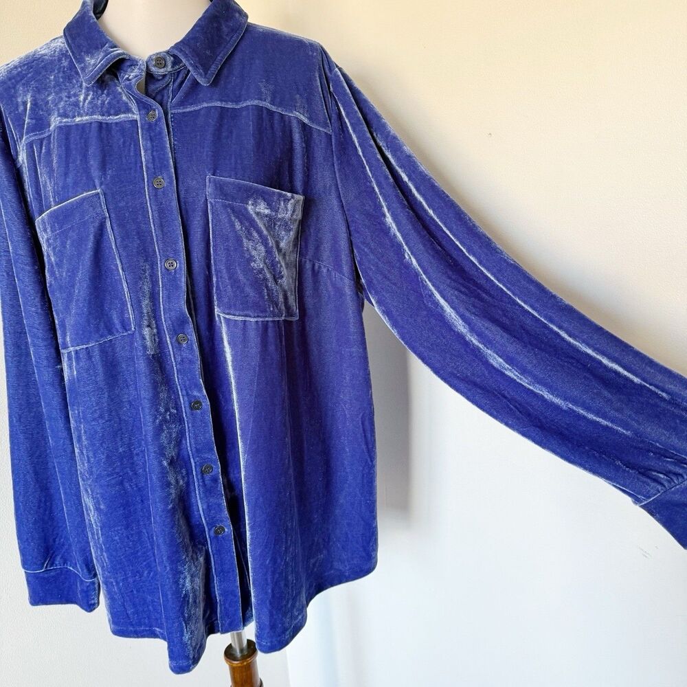 Cato Shirt Long Sleeve Button Up Velour Crushed Velvet Blouse Blue 22/24W 3X - Picture 11 of 16